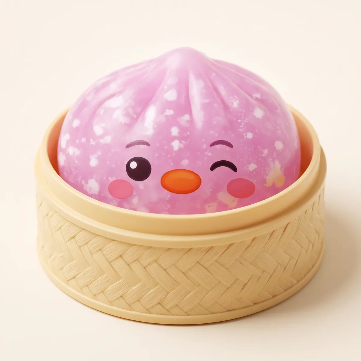 Pink penguin dumpling squishy resting in its bamboo steamer box