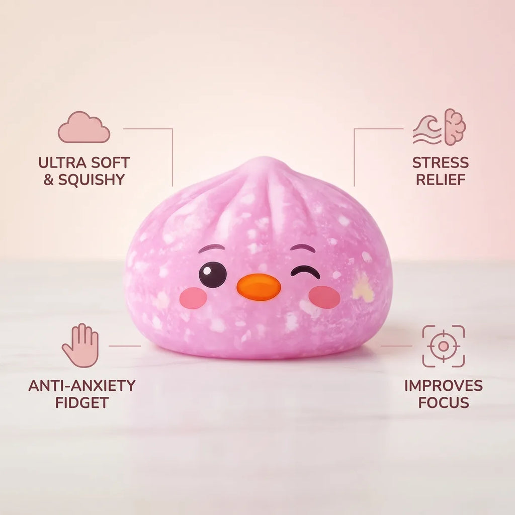 Infographic listing the stress relief benefits of the pink penguin dumpling squishy