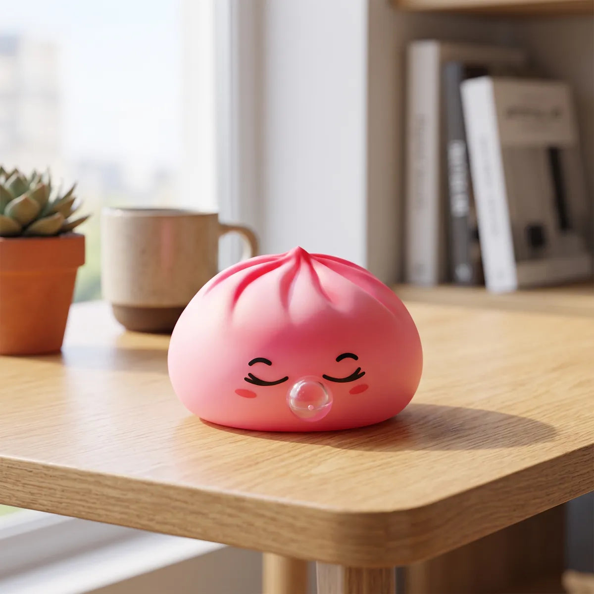 Pink rare blow dumpling squishy styled on a cozy desk
