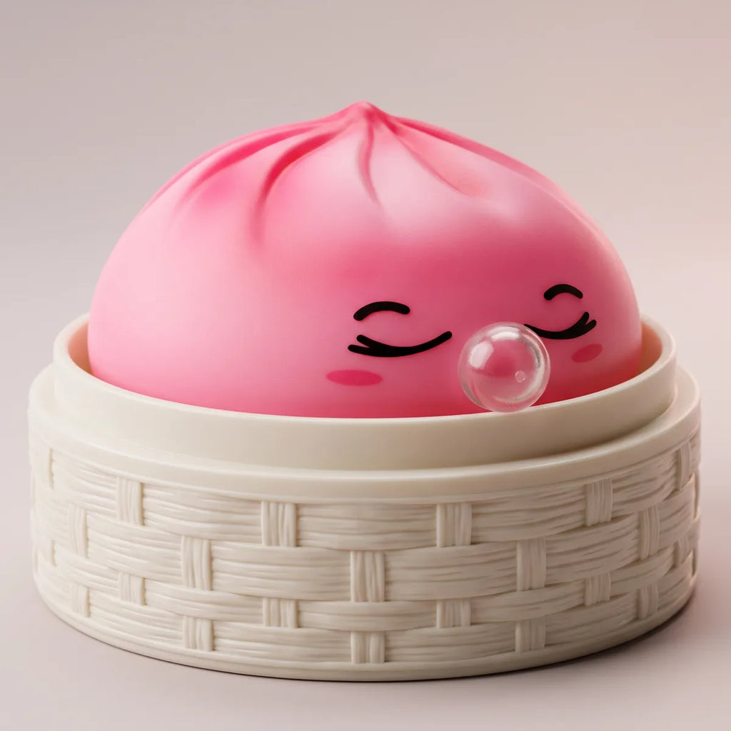 Pink rare blow dumpling squishy inside a bamboo steamer box