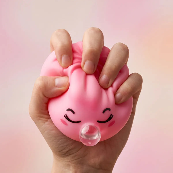 Hand squeezing a pink rare blow dumpling squishy