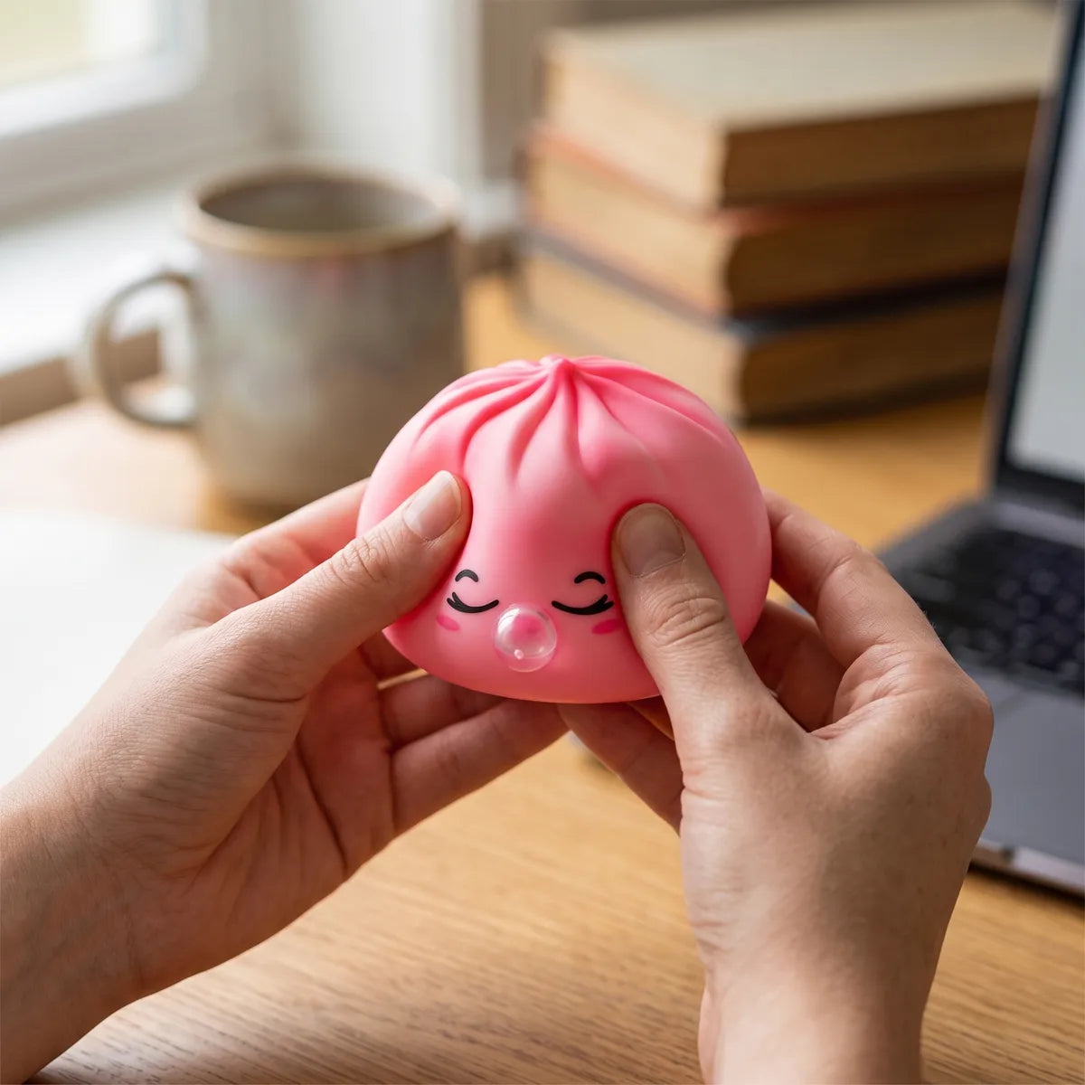 Person using a pink rare blow dumpling squishy for stress relief