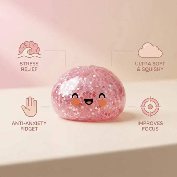 Pink sparkle dumpling squishy features and benefits overview