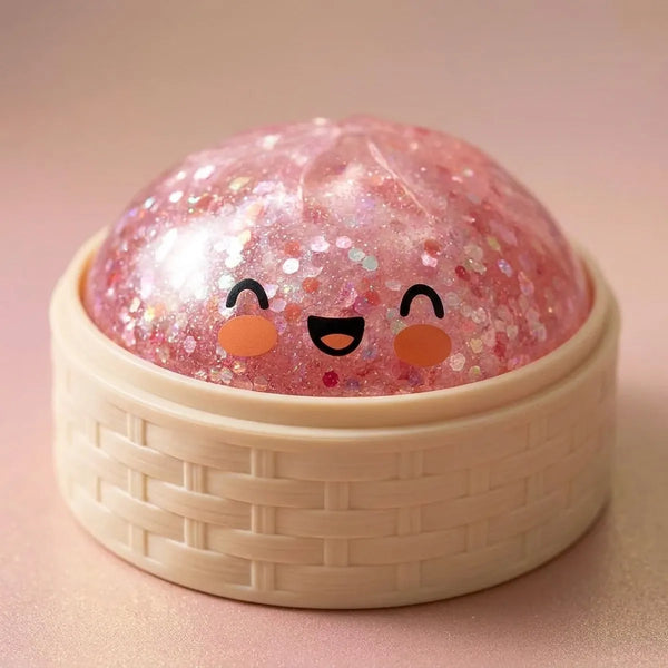 Pink sparkle dumpling squishy inside a bamboo steamer box