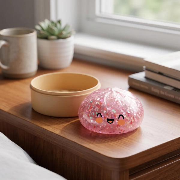 Pink sparkle dumpling squishy styled in a cozy lifestyle setting