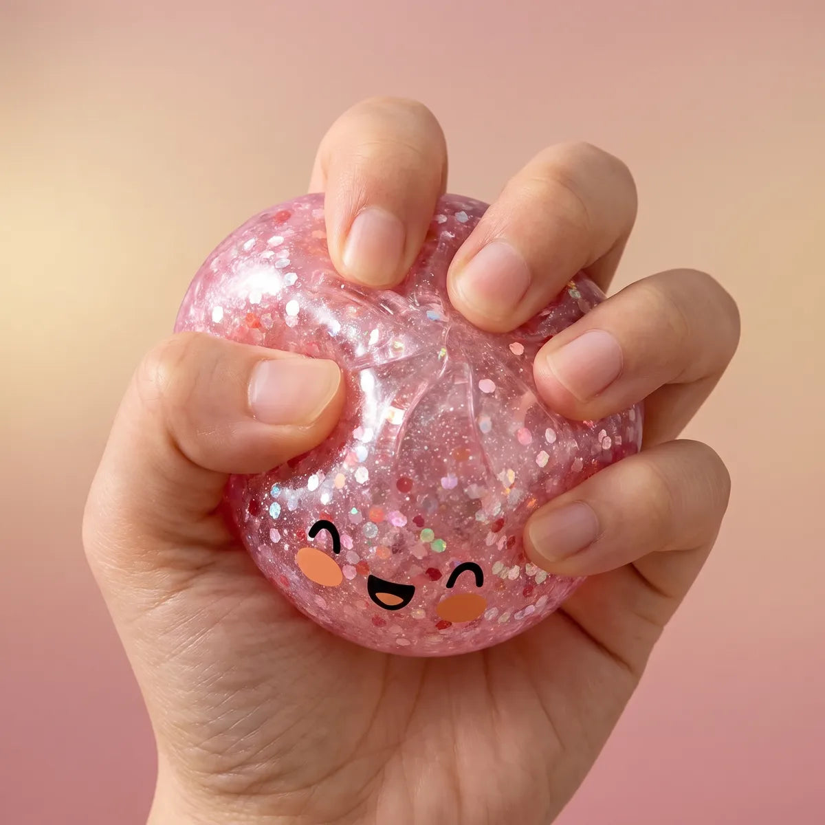 Hand squeezing a pink sparkle dumpling squishy