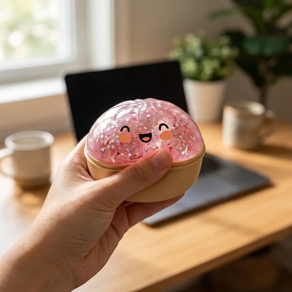 Person using a pink sparkle dumpling squishy for stress relief