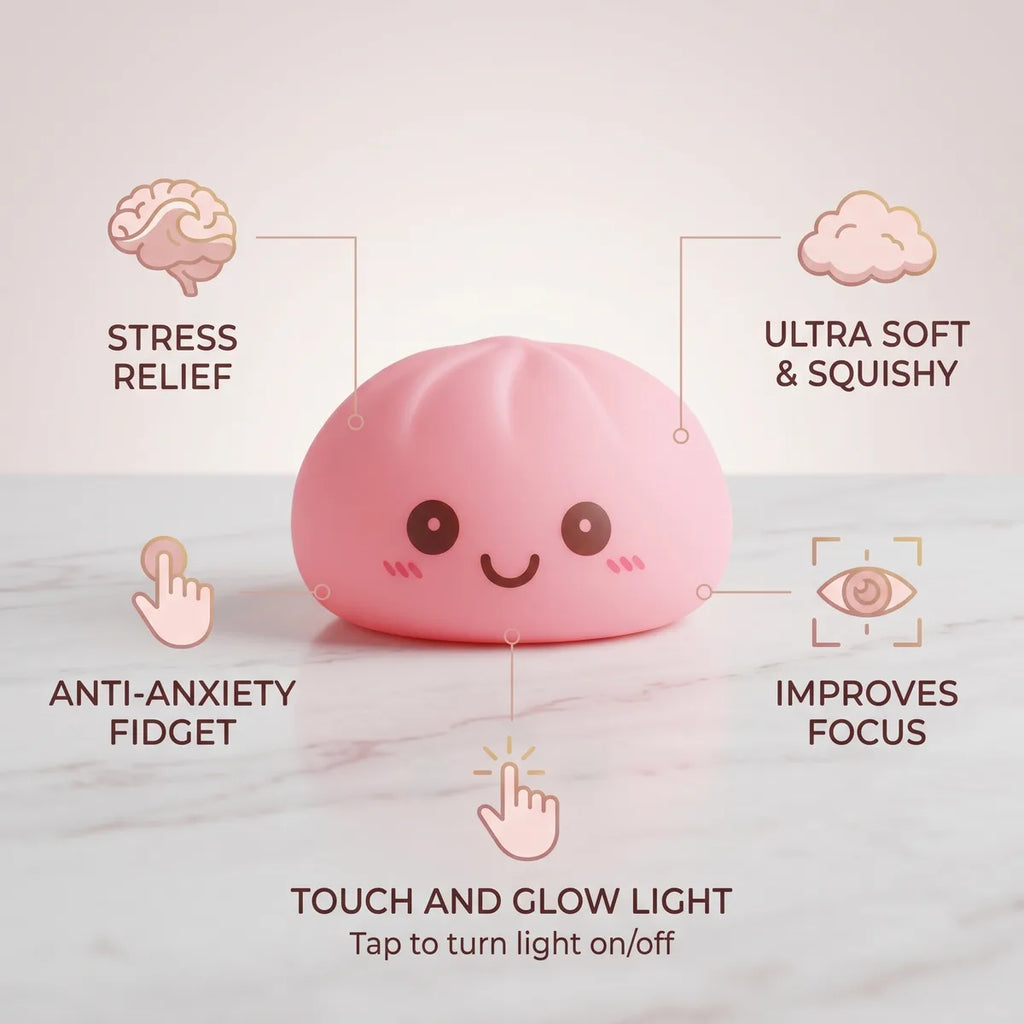 Pink squishy dumpling light size guide infographic with dimensions