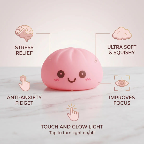 Pink squishy dumpling light size guide infographic with dimensions