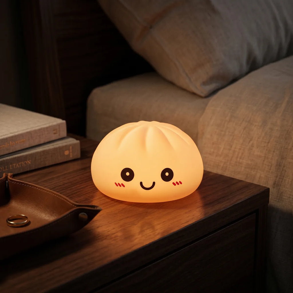 Pink squishy dumpling light displayed with bamboo steamer