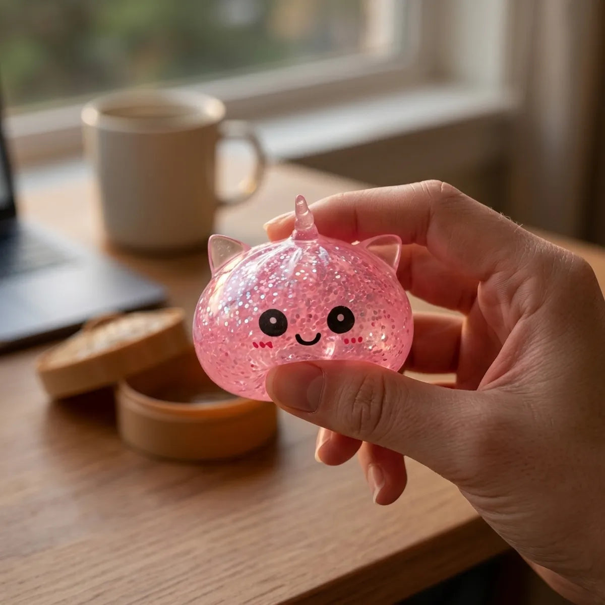 Person squeezing the pink unicorn glitter dumpling squishy as a desk fidget toy