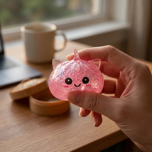Person squeezing the pink unicorn glitter dumpling squishy as a desk fidget toy