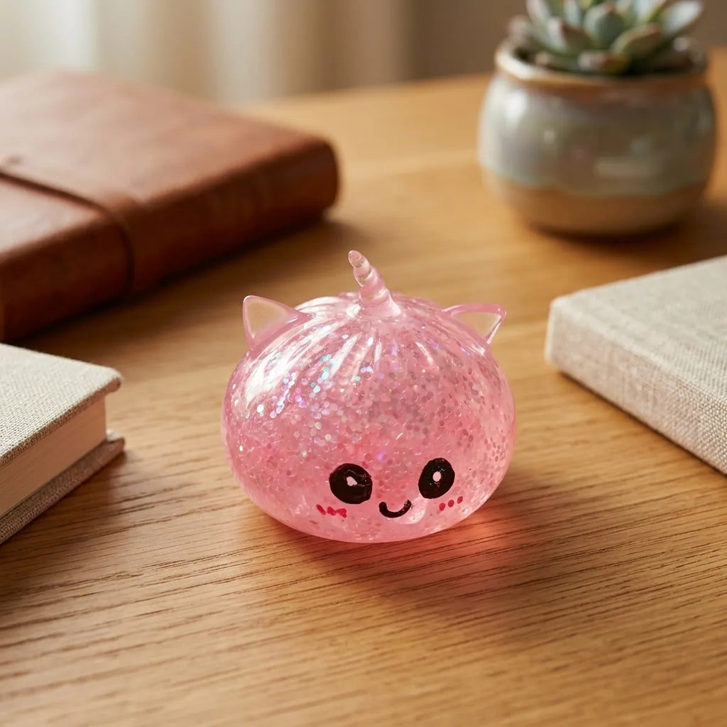 Pink unicorn glitter dumpling squishy styled on a soft pink glitter backdrop