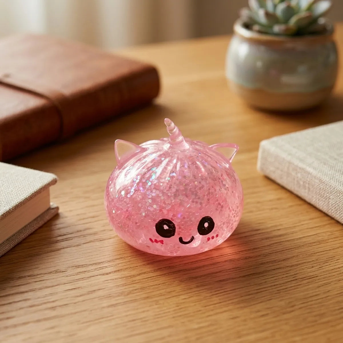 Pink unicorn glitter dumpling squishy styled on a soft pink glitter backdrop
