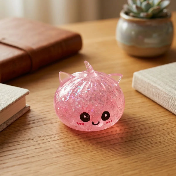 Pink unicorn glitter dumpling squishy styled on a soft pink glitter backdrop