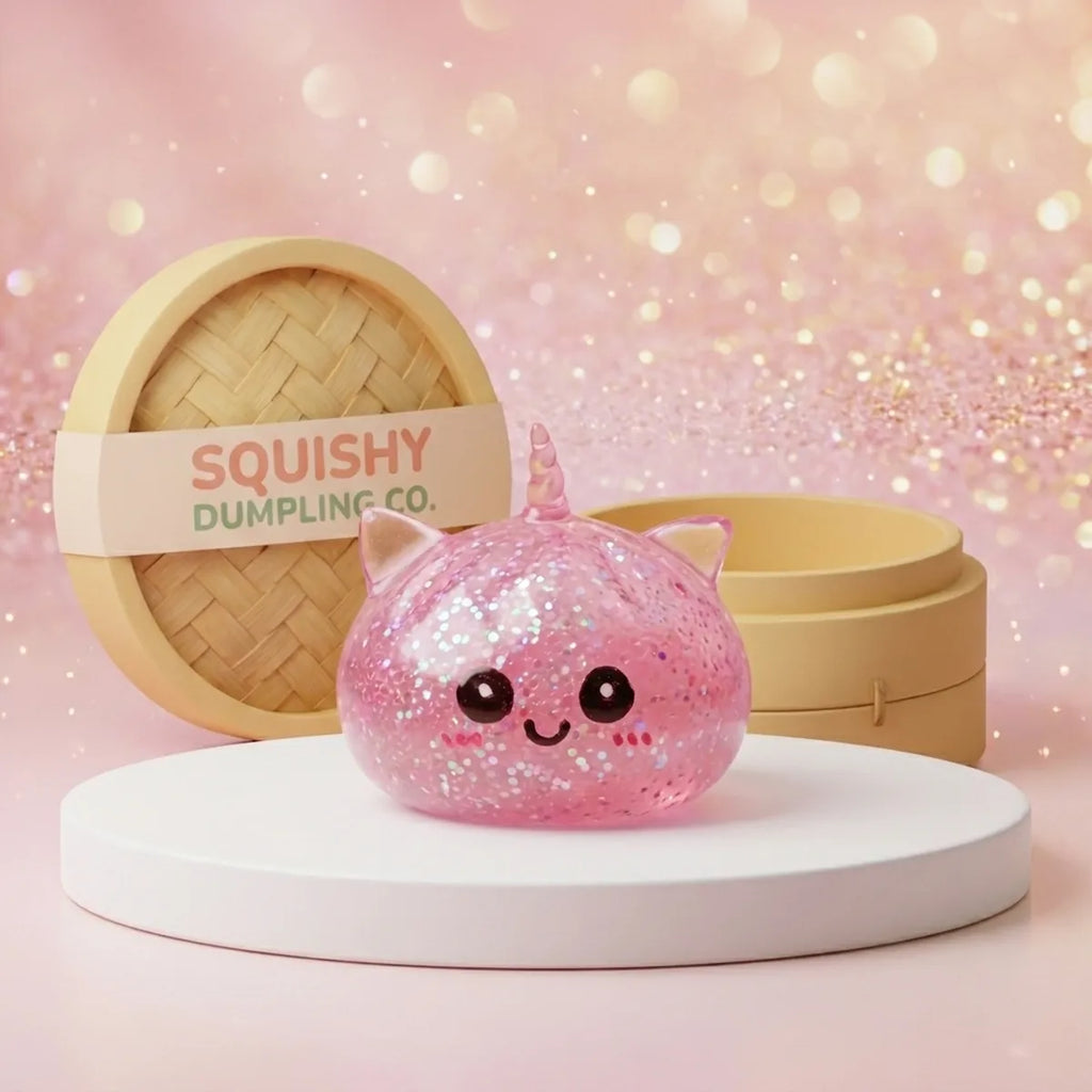 Pink unicorn glitter dumpling squishy with iridescent flakes and a pearly horn on a rose podium