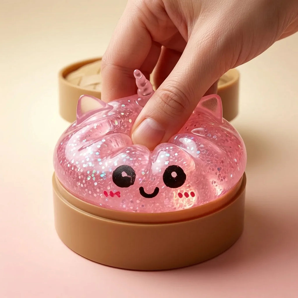 Fingers pressing the pink unicorn glitter dumpling squishy to show its slow rise