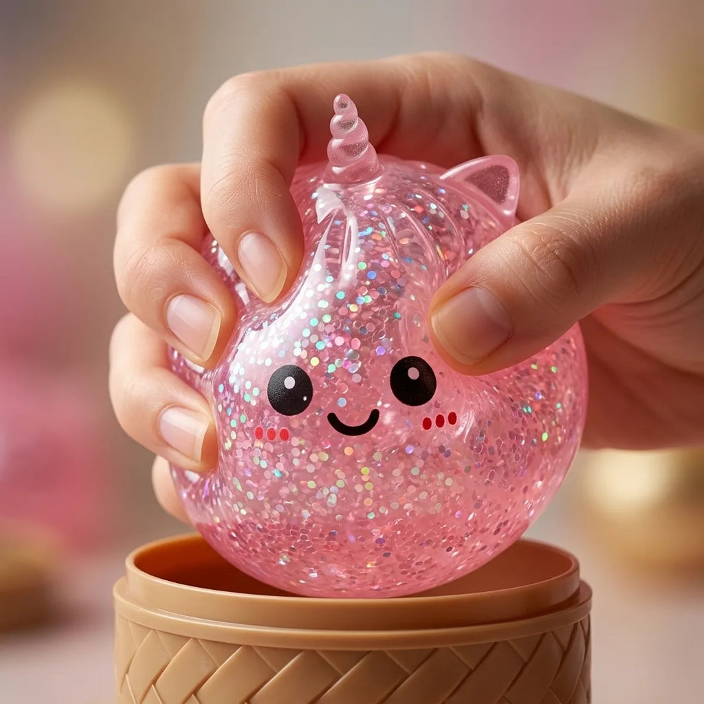 Close up squeeze of the pink unicorn glitter dumpling squishy showing its iridescent flakes