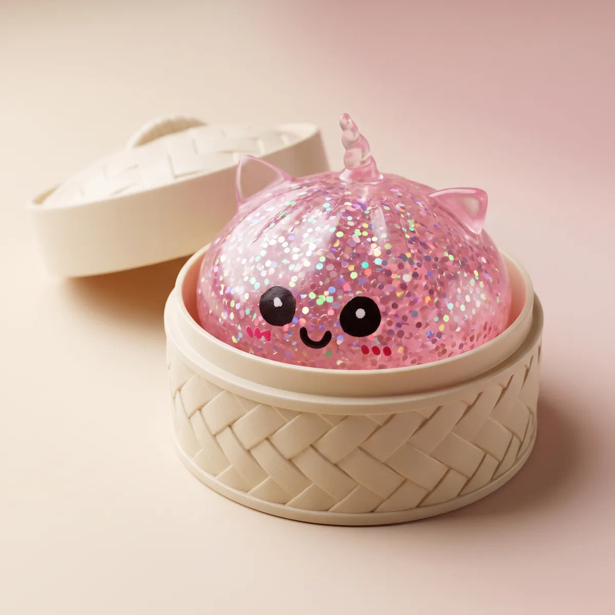Pink unicorn glitter dumpling squishy resting in its bamboo steamer box