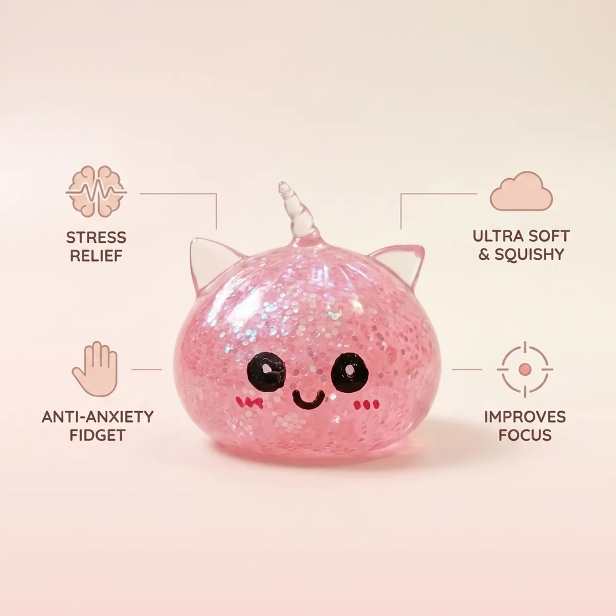 Infographic listing the stress relief benefits of the pink unicorn glitter dumpling squishy