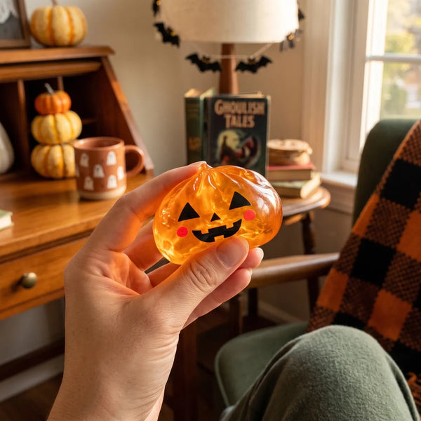 Person squeezing the pumpkin Halloween dumpling squishy as a hand fidget toy
