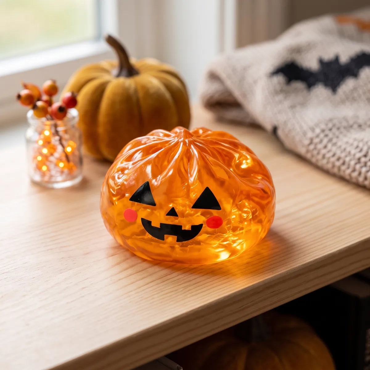Pumpkin Halloween dumpling squishy styled in a glowing jack o lantern lifestyle scene