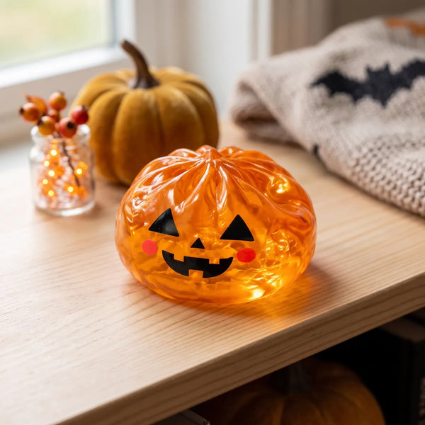 Pumpkin Halloween dumpling squishy styled in a glowing jack o lantern lifestyle scene