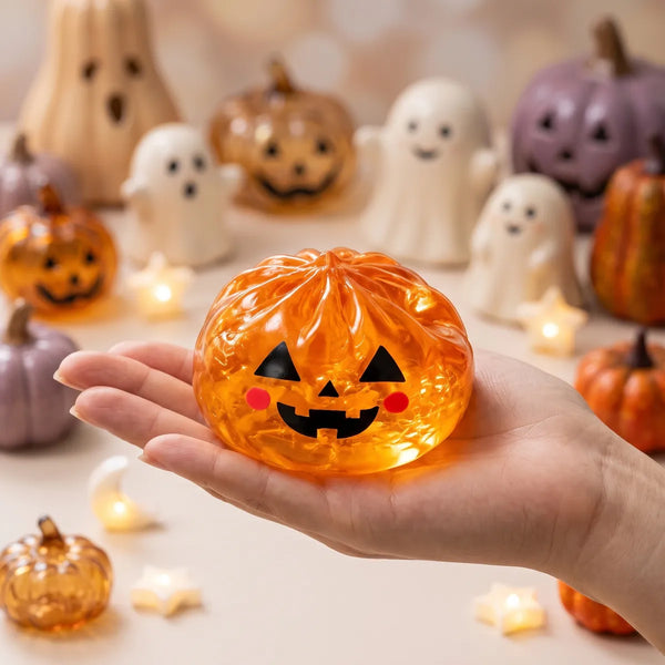Hand holding the pumpkin Halloween dumpling squishy to compare the 5.5 cm and 10 cm sizes