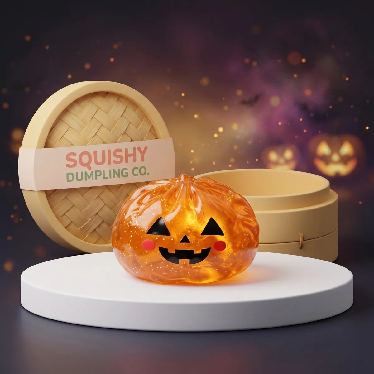 Translucent orange pumpkin Halloween dumpling squishy with a glowing jack o lantern face on a white podium Main image