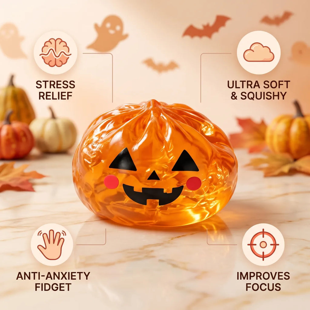 Pumpkin Halloween dumpling squishy with stress relief focus and anti anxiety fidget benefit icons