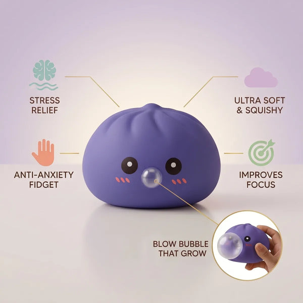 Purple blow dumpling squishy size guide infographic with dimensions