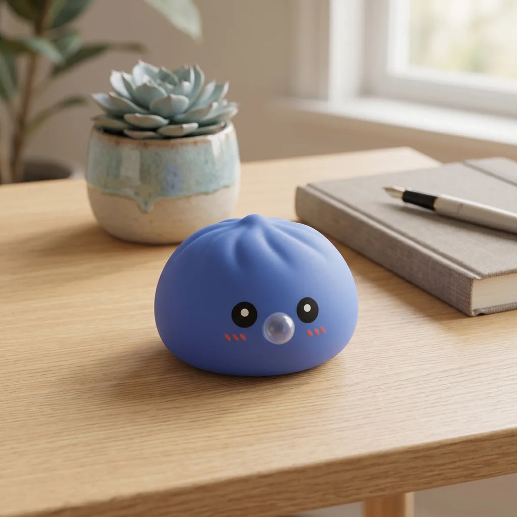 Purple blow dumpling squishy displayed with bamboo steamer