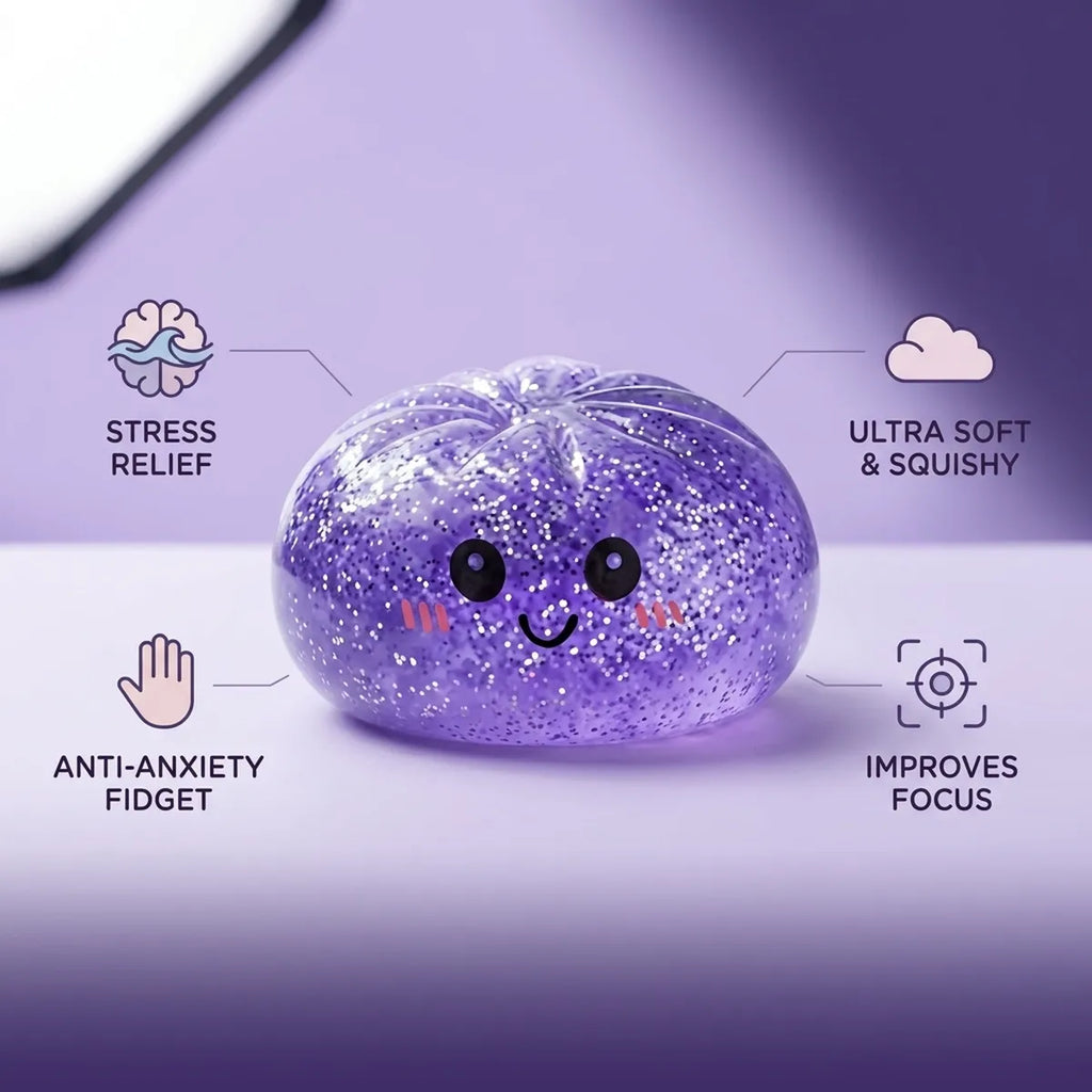 Purple glitter dumpling squishy features and benefits