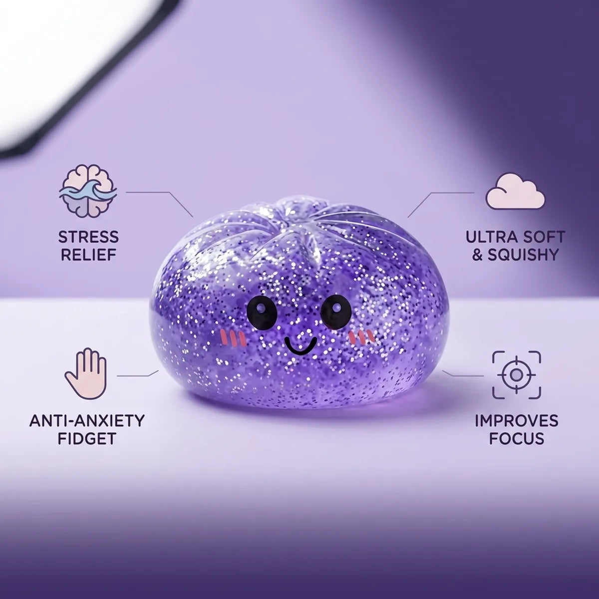 Purple glitter dumpling squishy features and benefits