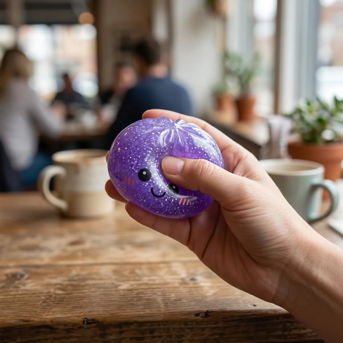 Person playing with a purple glitter dumpling squishy for stress relief