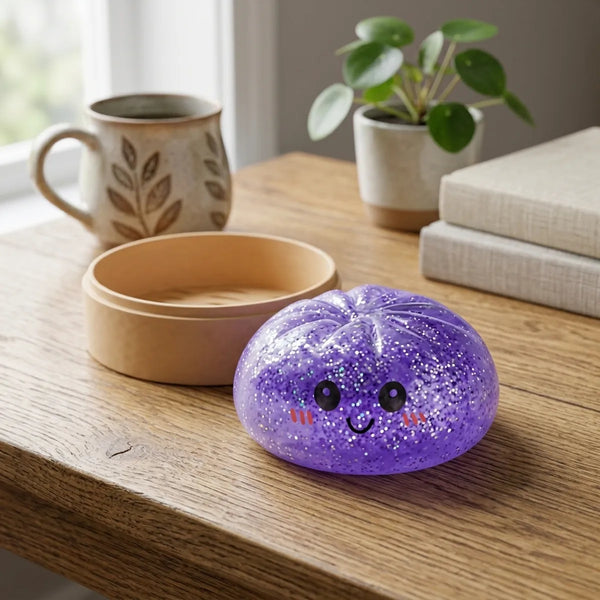 Purple glitter dumpling squishy in a cozy lifestyle setting