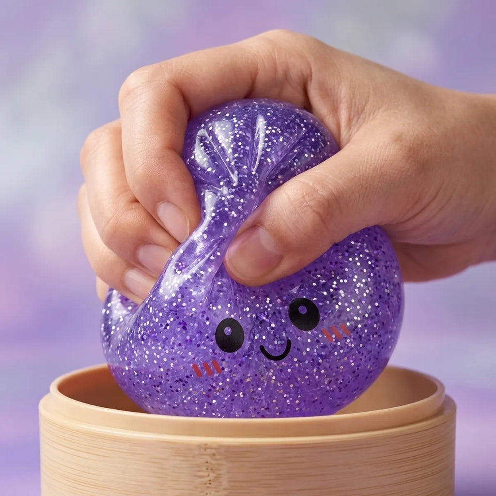 Hand squeezing the slow-rise purple glitter dumpling squishy