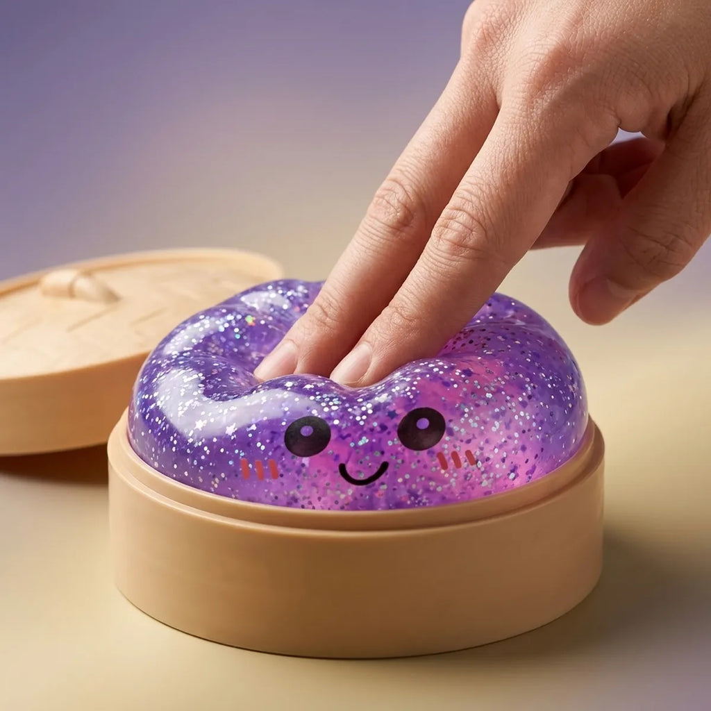Close-up of fingers pressing the purple glitter dumpling squishy