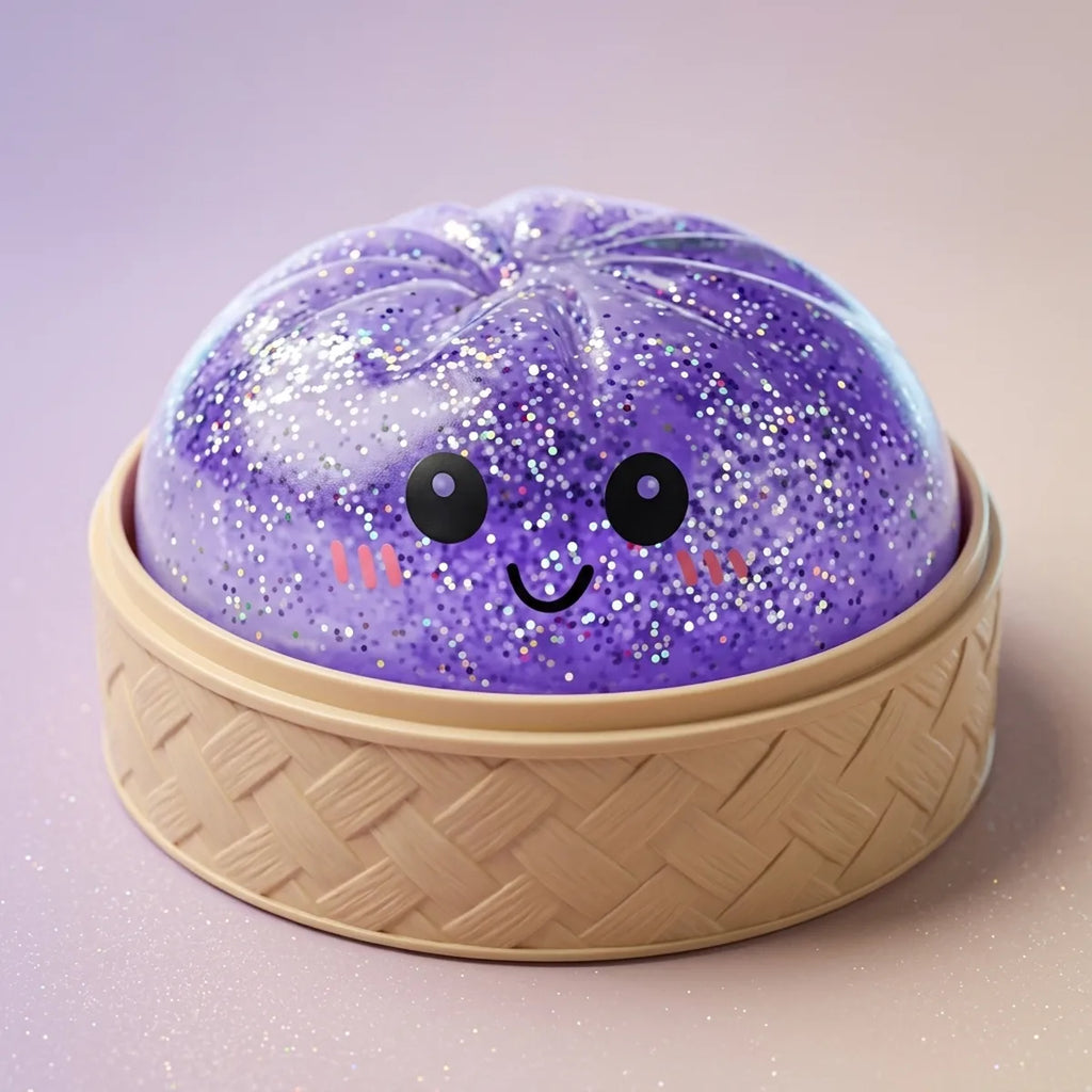 Purple glitter dumpling squishy inside its bamboo steamer box