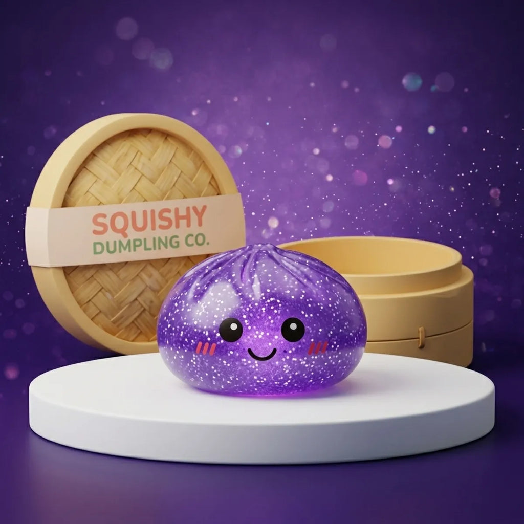 Studio photo of the purple glitter dumpling squishy with bamboo steamer