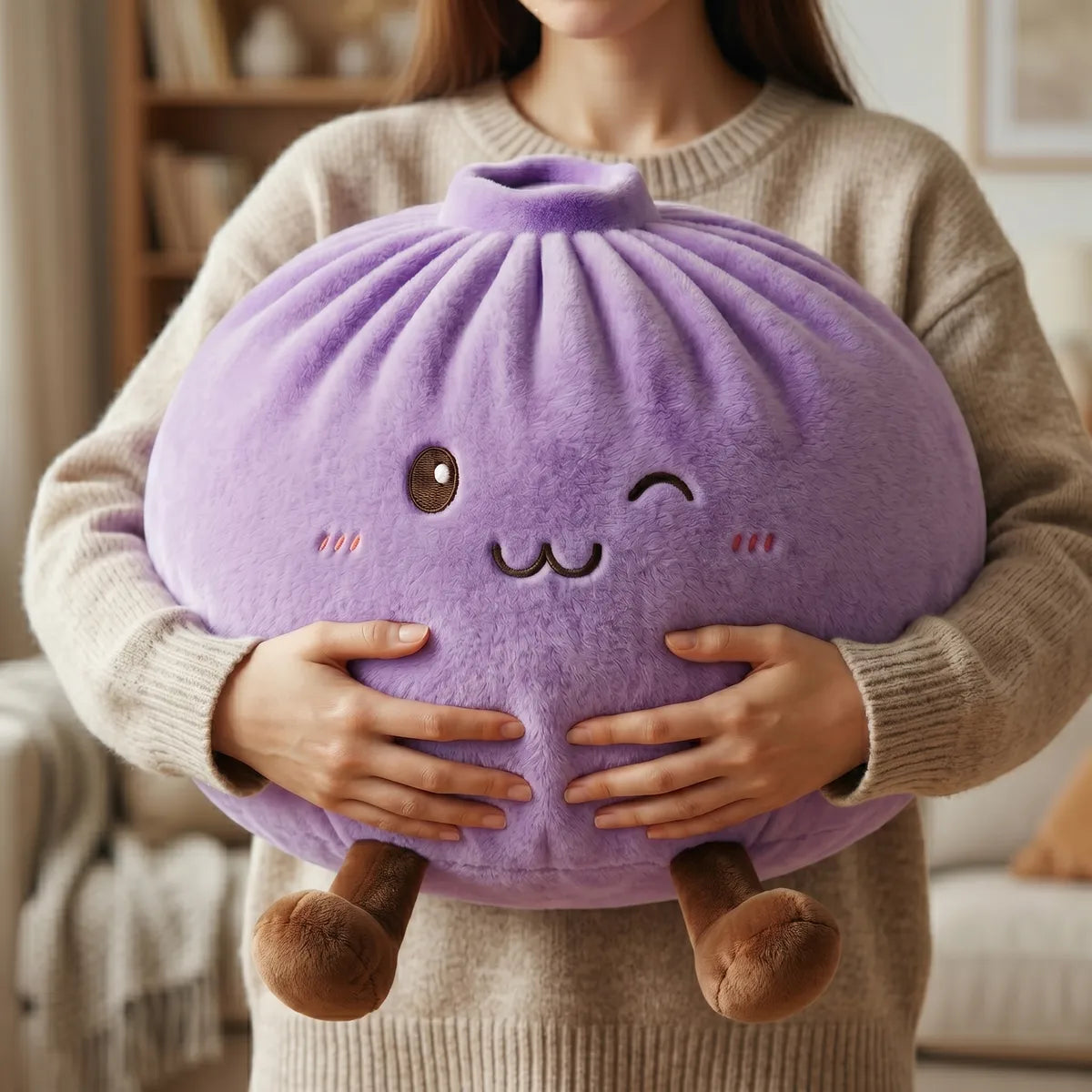 Person hugging the purple large dumpling squishy plush pillow