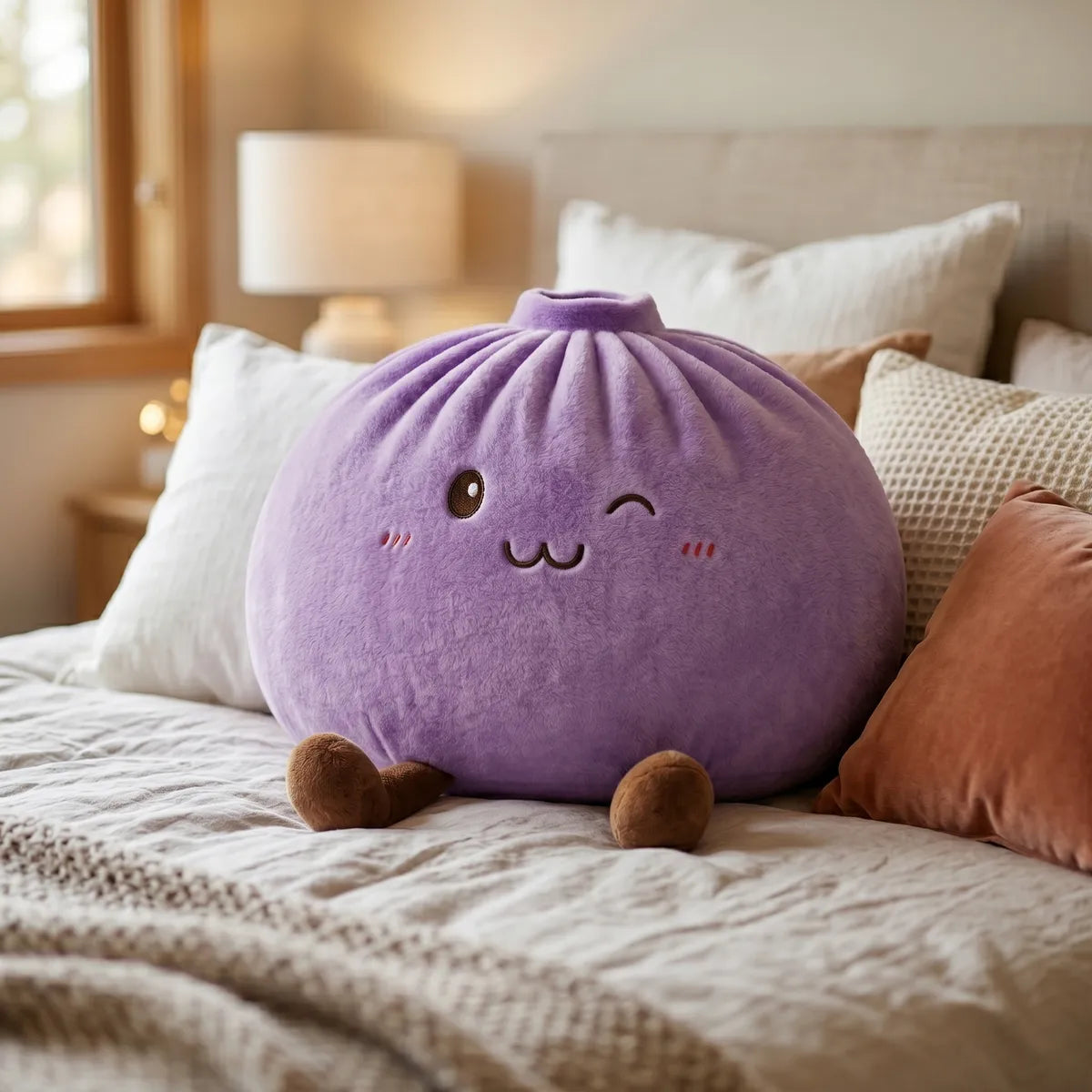 Purple large dumpling squishy plush pillow in a cozy bedroom