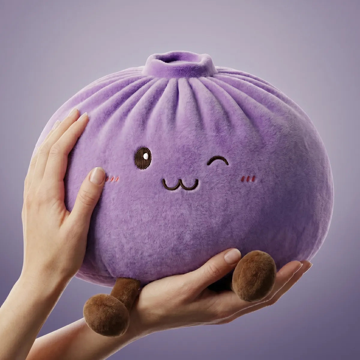 Purple large dumpling squishy plush pillow held to show its size