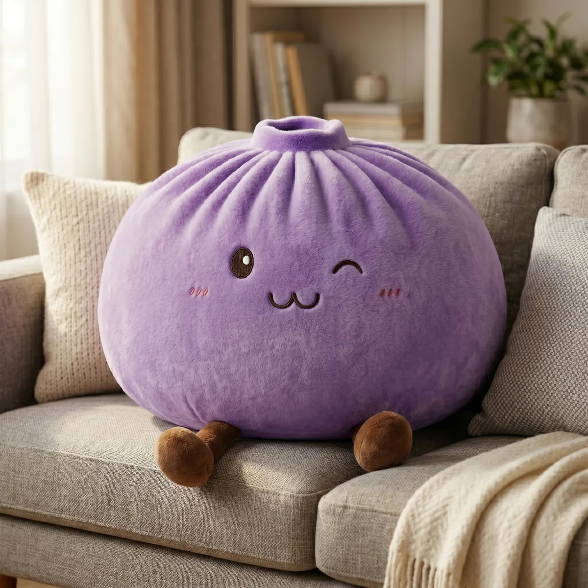 Purple large dumpling squishy plush pillow styled on a sofa