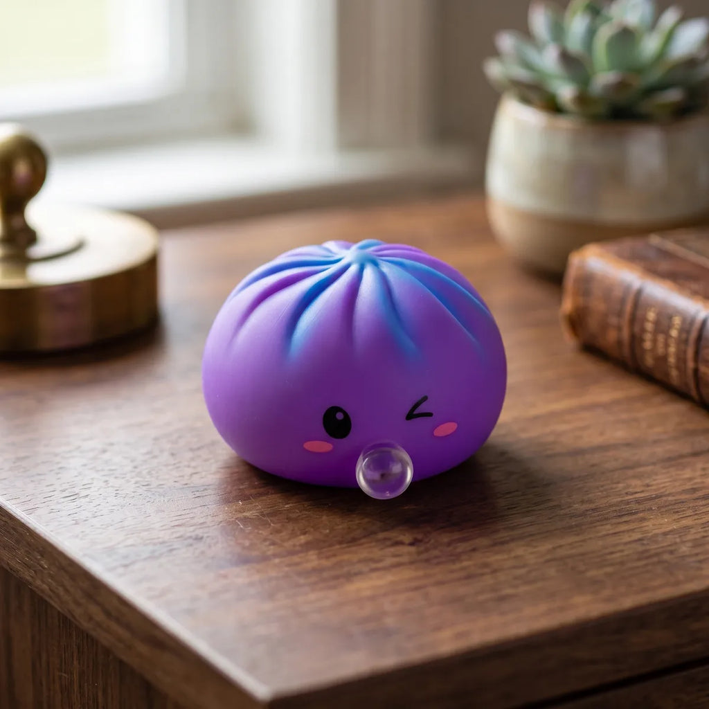 Purple rare blow dumpling squishy styled on a cozy desk