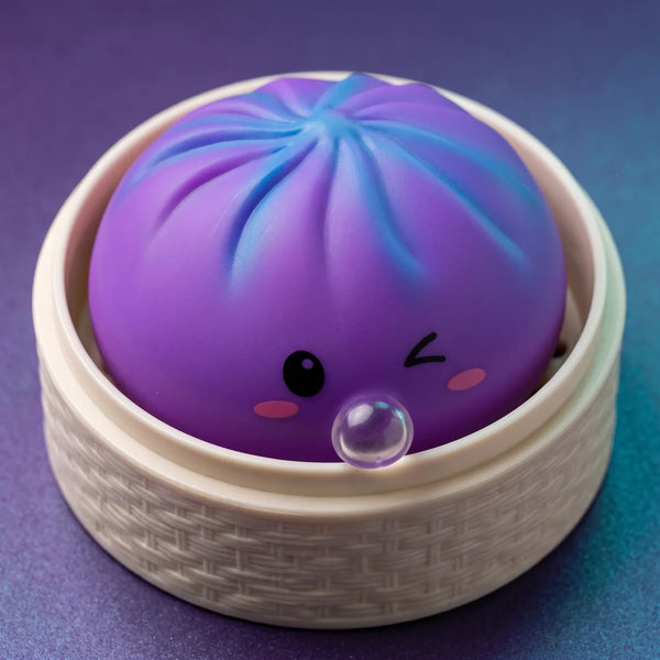 Purple rare blow dumpling squishy inside a bamboo steamer box