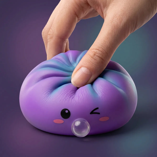 Hand squeezing a purple rare blow dumpling squishy