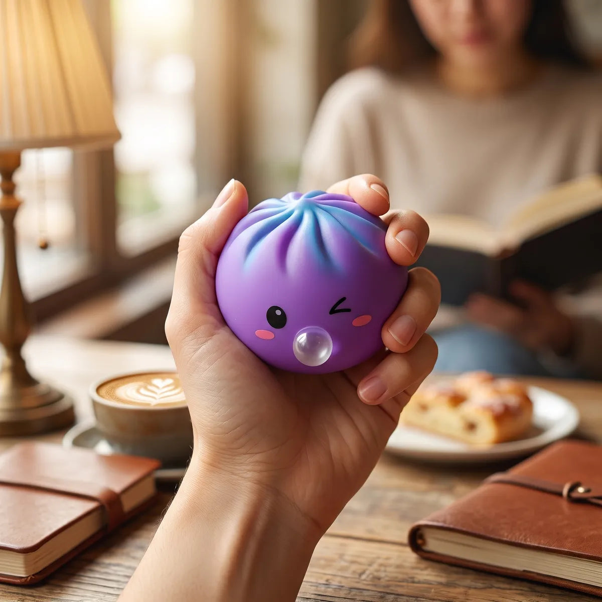 Person using a purple rare blow dumpling squishy for stress relief
