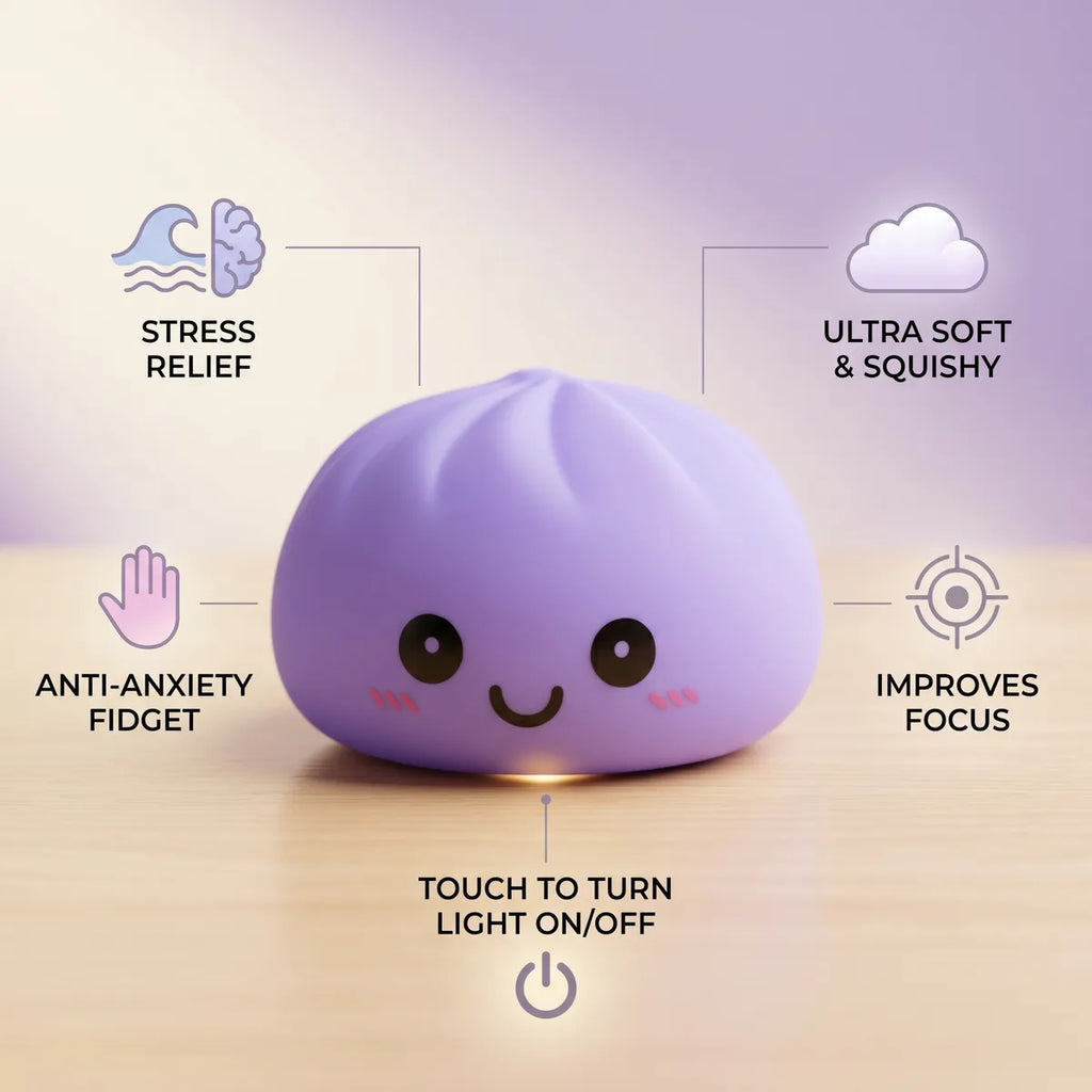 Purple squishy dumpling light size guide infographic with dimensions