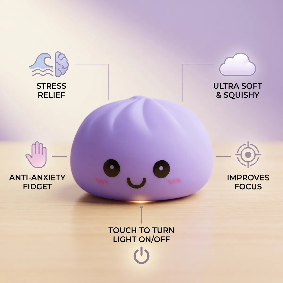 Purple squishy dumpling light size guide infographic with dimensions